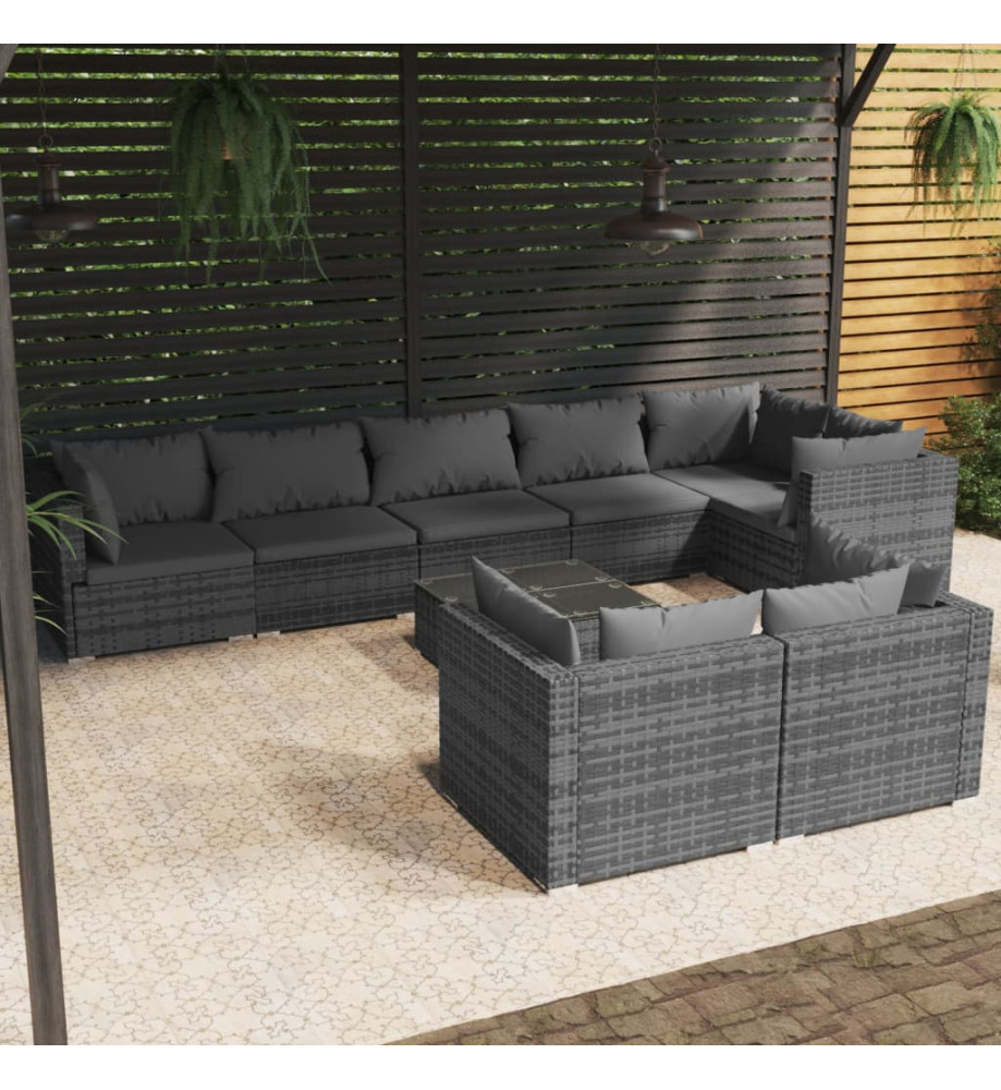 Salon de jardin 9 pcs avec coussins Gris Résine tressée Salon de jardin 9 pcs avec coussins Gris Résine tressée