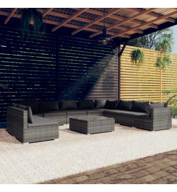 Salon de jardin 11 pcs avec coussins Gris Résine tressée