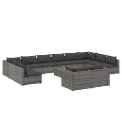 Salon de jardin 13 pcs avec coussins Gris Résine tressée