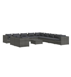 Salon de jardin 12 pcs avec coussins Gris Résine tressée