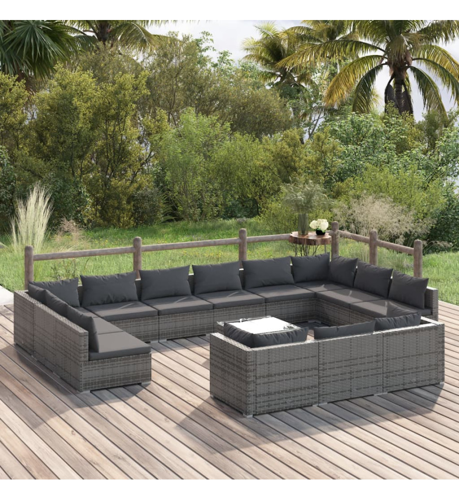 Salon de jardin 14 pcs avec coussins Gris Résine tressée Salon de jardin 14 pcs avec coussins Gris Résine tressée