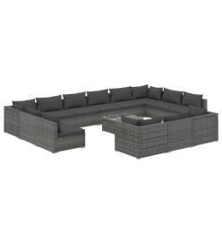 Salon de jardin 14 pcs avec coussins Gris Résine tressée