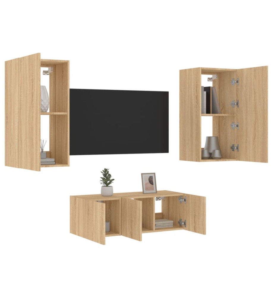 Unités murales TV avec LED 4 pcs chêne sonoma bois d'ingénierie