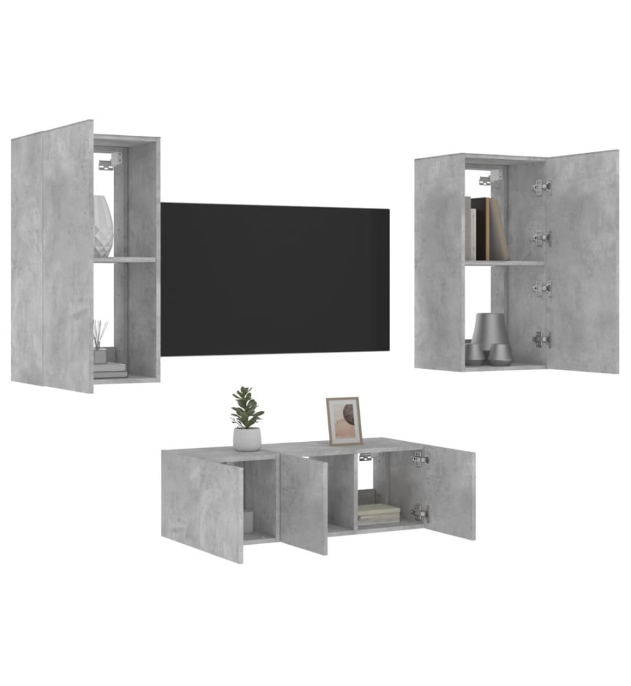 Unités murales TV avec LED 4 pcs gris béton bois d'ingénierie