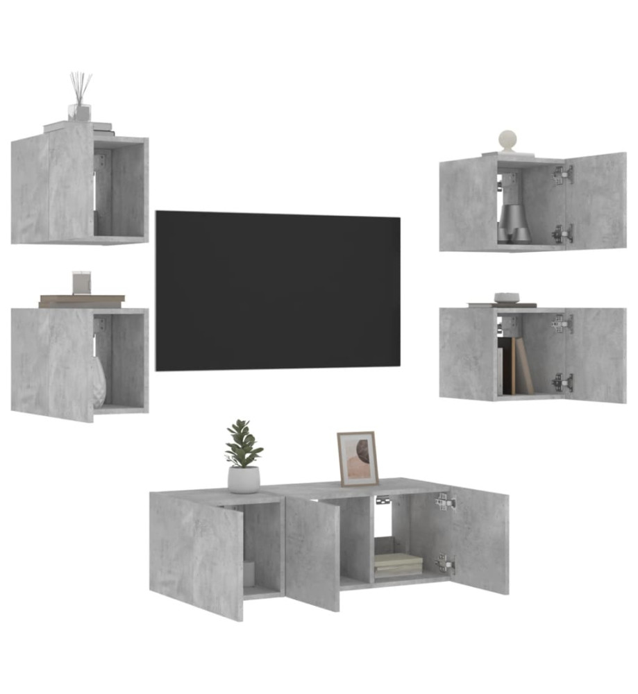 Unités murales TV avec LED 6 pcs gris béton bois d'ingénierie