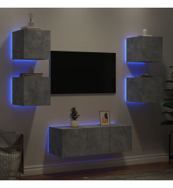 Unités murales TV avec LED 6 pcs gris béton bois d'ingénierie