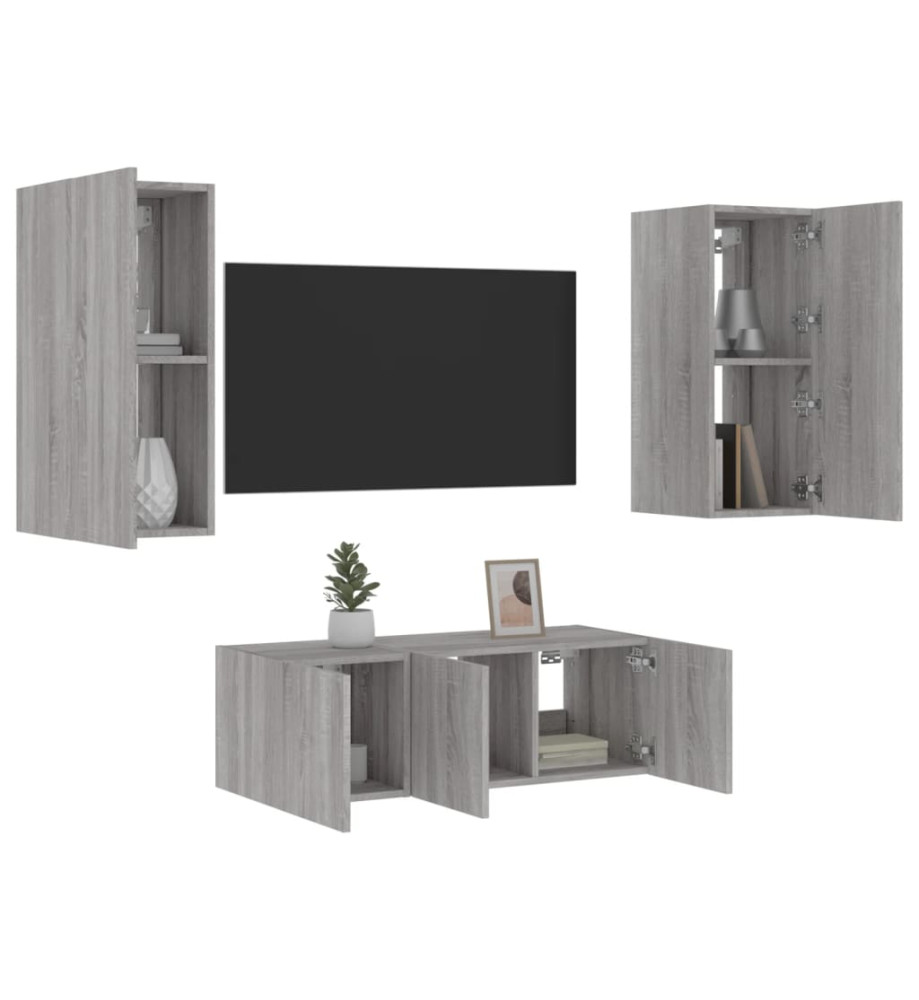 Unités murales TV avec LED 4 pcs gris sonoma bois d'ingénierie