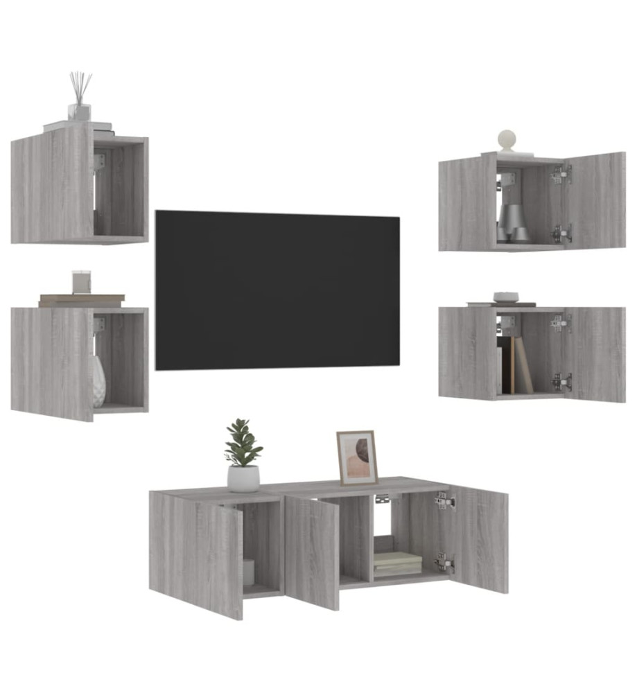 Unités murales TV avec LED 6 pcs gris sonoma bois d'ingénierie