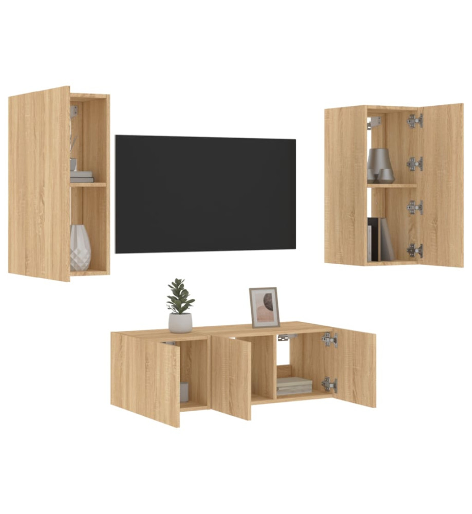 Unités murales TV avec LED 4 pcs chêne sonoma bois d'ingénierie