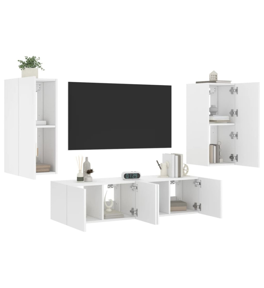 Unités murales TV avec LED 4 pcs blanc bois d'ingénierie