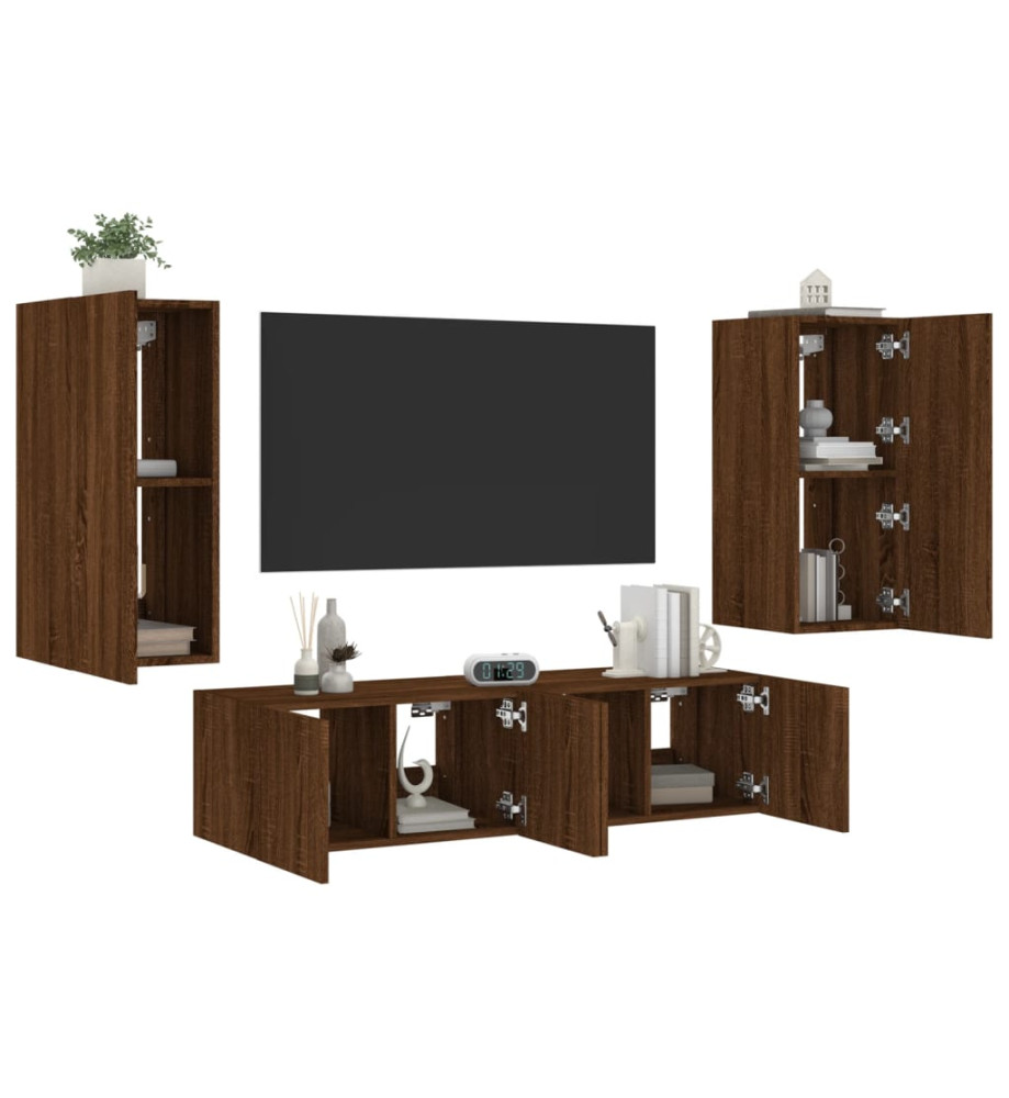 Unités murales TV avec LED 4 pcs chêne marron bois d'ingénierie