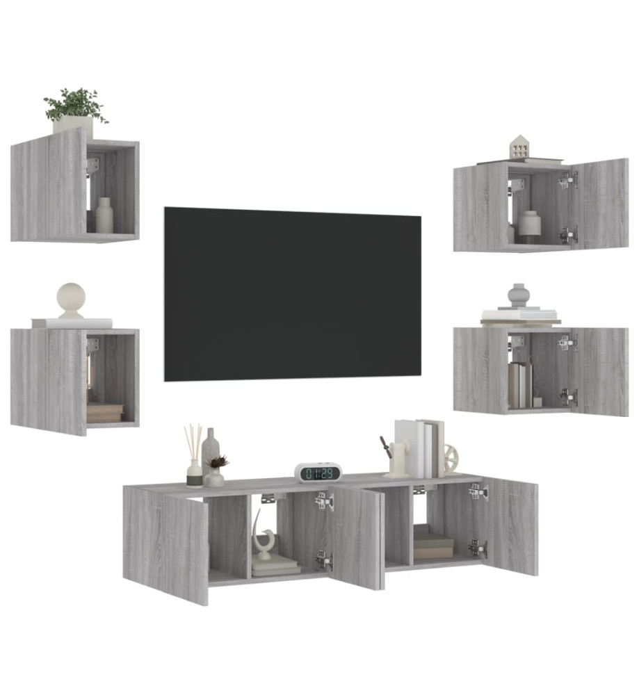 Unités murales TV avec LED 6 pcs gris sonoma bois d'ingénierie