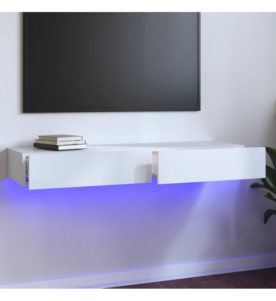 Meuble TV avec lumières LED Blanc brillant 120x35x15,5cm