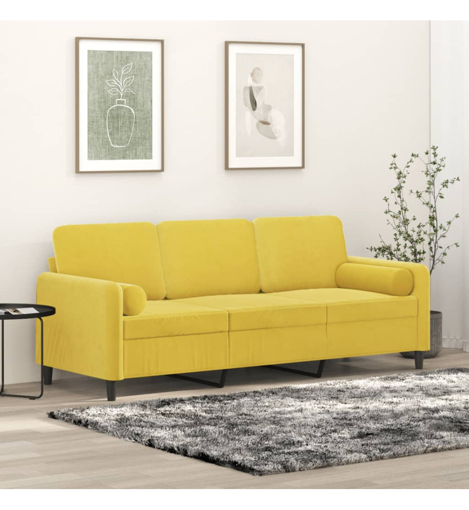 Canapé 3 places avec oreillers décoratifs jaune 180 cm velours