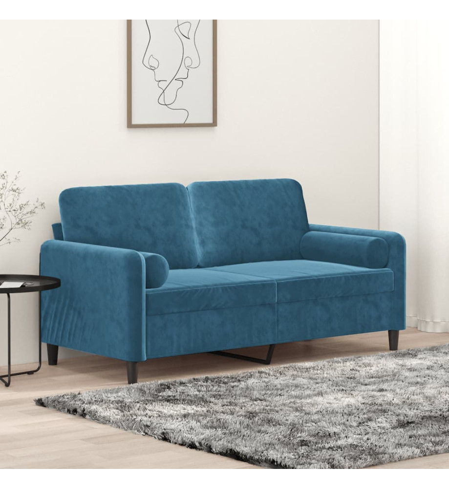 Canapé 2 places avec oreillers décoratifs bleu 140 cm velours