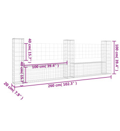 Panier de gabion en forme de U avec 3 poteaux Fer 260x20x100 cm