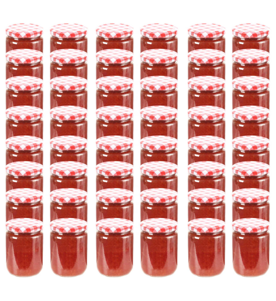 48 pcs Pots à confiture Couvercle blanc et rouge Verre 230 ml