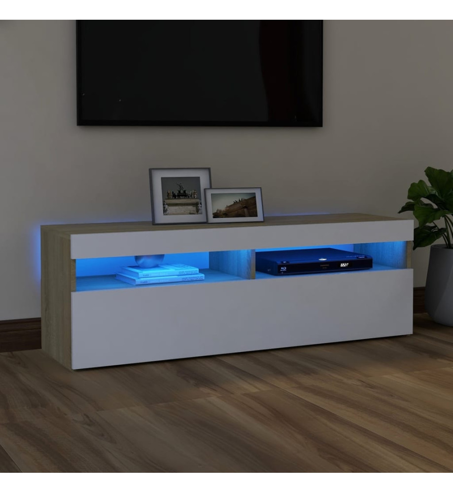 Meuble TV avec lumières LED blanc et chêne sonoma 120x35x40 cm