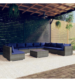 Salon de jardin 11 pcs avec coussins Gris Résine tressée