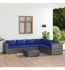 Salon de jardin 7 pcs avec coussins résine tressée gris