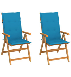 Chaises de jardin 2 pcs avec coussins bleu Bois de teck
