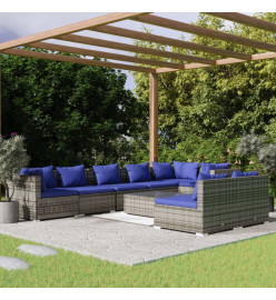 Salon de jardin 9 pcs avec coussins Gris Résine tressée