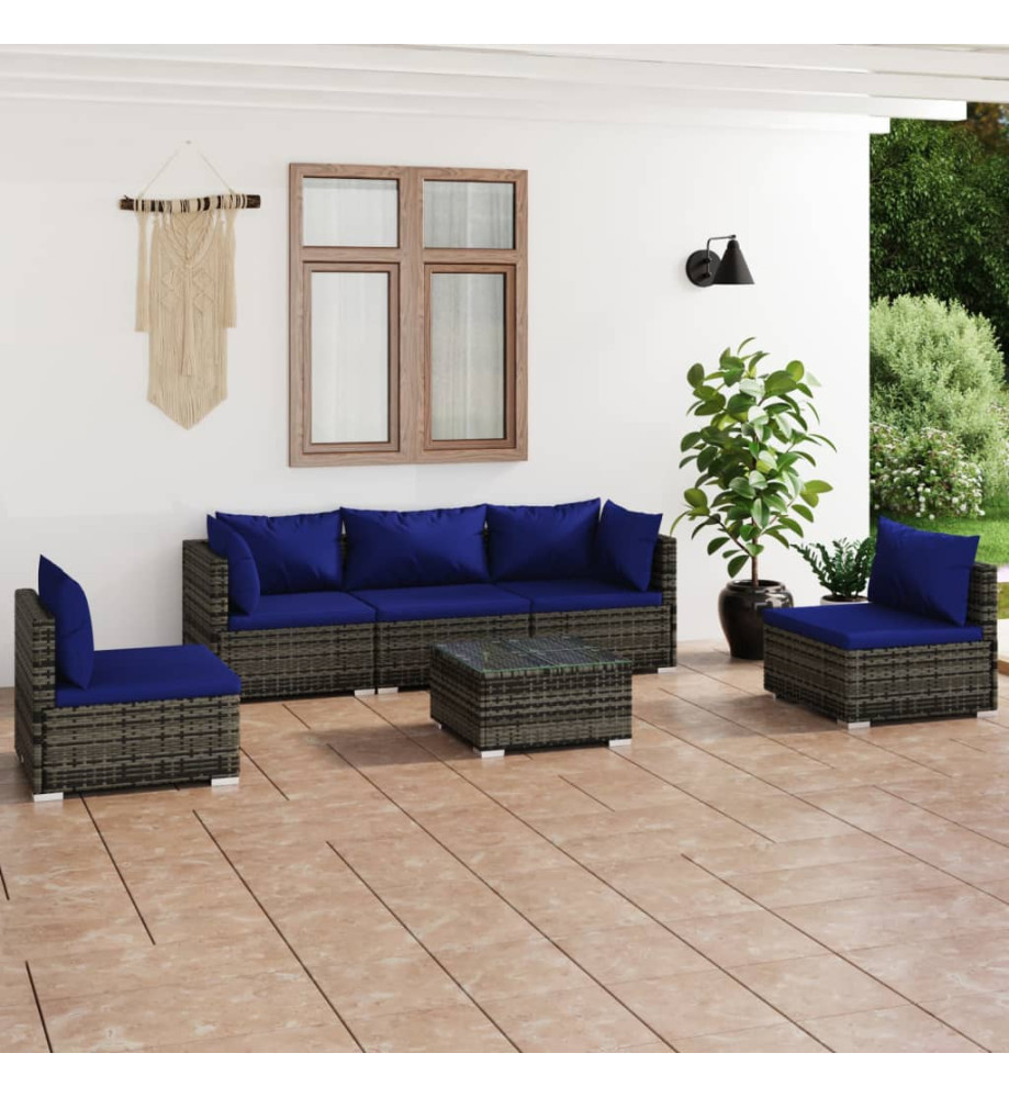 Salon de jardin 6 pcs avec coussins résine tressée gris Salon de jardin 6 pcs avec coussins résine tressée gris