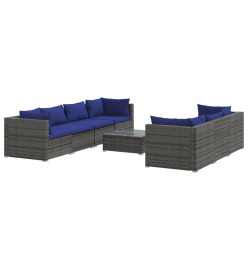 Salon de jardin 8 pcs avec coussins résine tressée gris