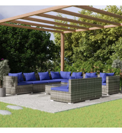 Salon de jardin 10 pcs avec coussins Gris Résine tressée