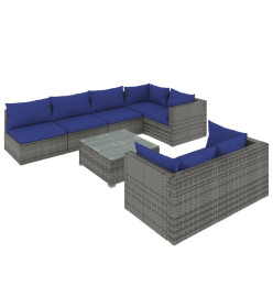 Salon de jardin 8 pcs avec coussins Gris Résine tressée