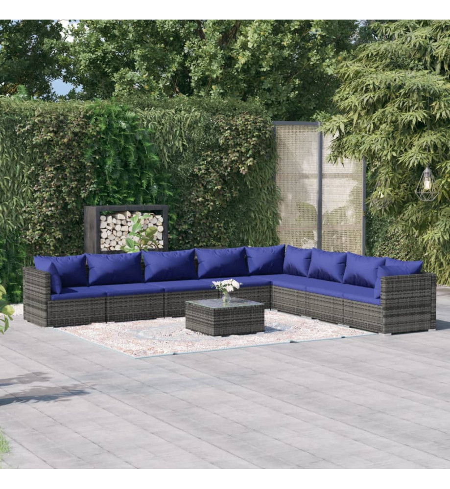 Salon de jardin 9 pcs avec coussins Résine tressée Gris Salon de jardin 9 pcs avec coussins Résine tressée Gris