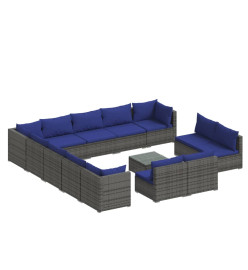Salon de jardin 14 pcs avec coussins Gris Résine tressée