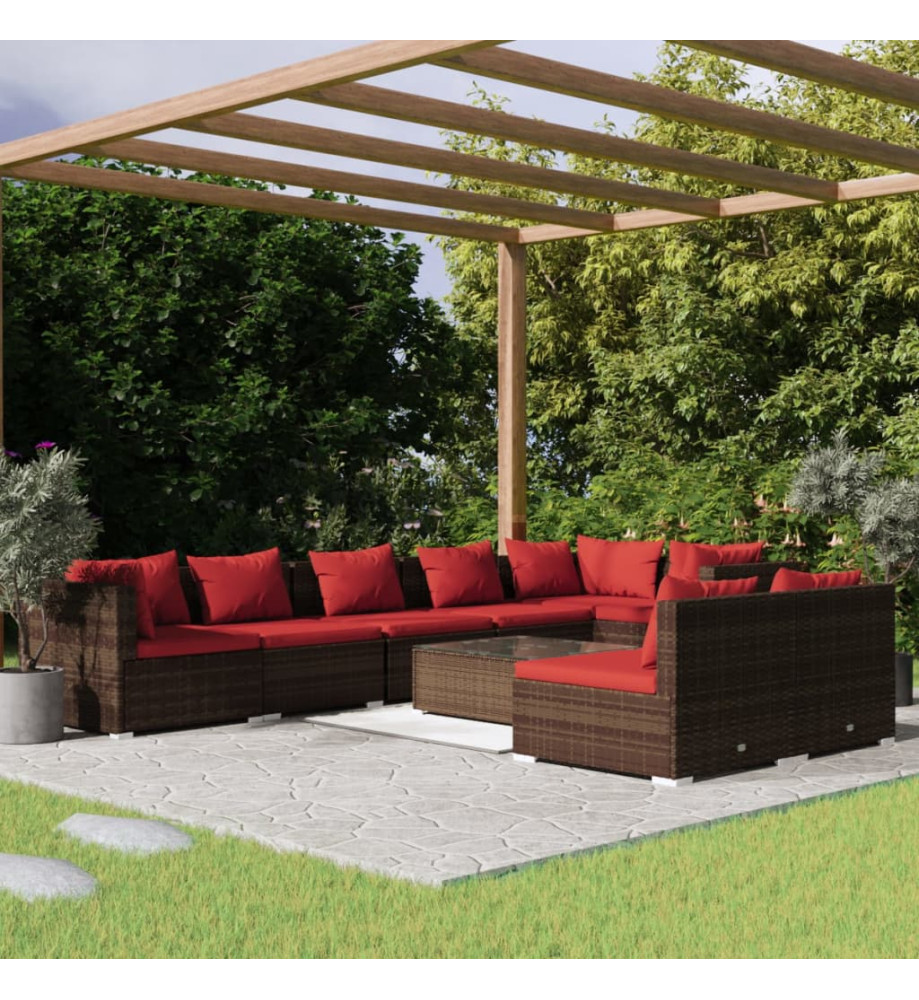 Salon de jardin 9 pcs avec coussins Marron Résine tressée Salon de jardin 9 pcs avec coussins Marron Résine tressée