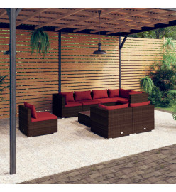 Salon de jardin 9 pcs avec coussins Résine tressée Marron