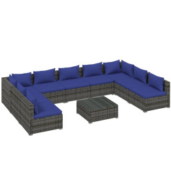Salon de jardin 10 pcs avec coussins Résine tressée Gris