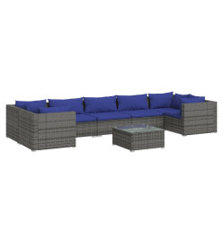 Salon de jardin 8 pcs avec coussins résine tressée gris