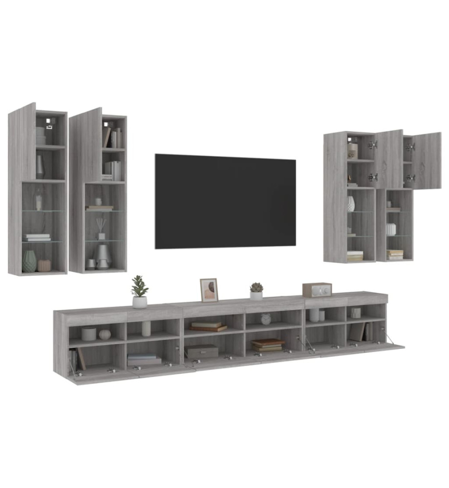 Ensemble de meubles TV muraux 7 pcs et lumières LED sonoma gris