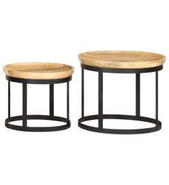 Tables d'appoint rondes 2 pcs Bois de manguier solide et acier