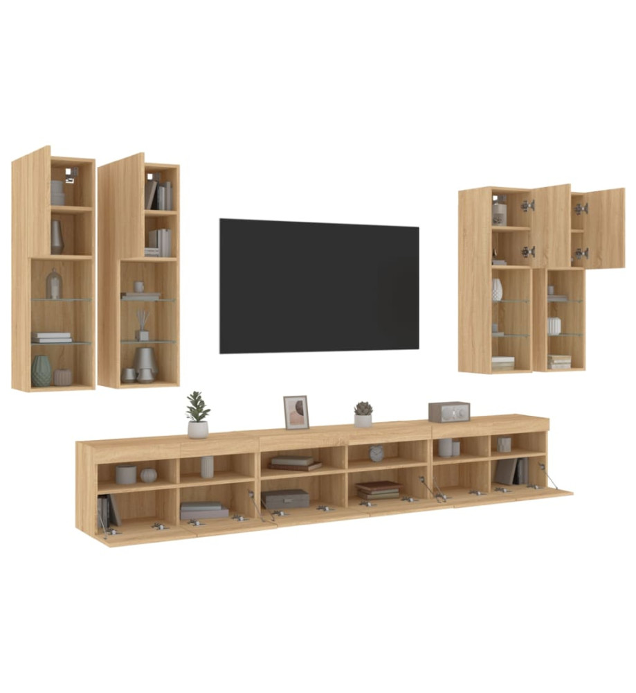 Ensemble de meubles TV muraux 7pcs et lumières LED chêne sonoma