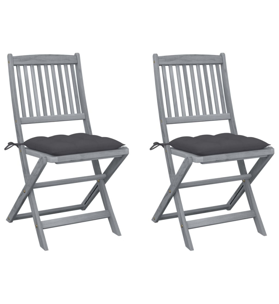 Chaises pliables d'extérieur 2 pcs avec coussins Bois d'acacia