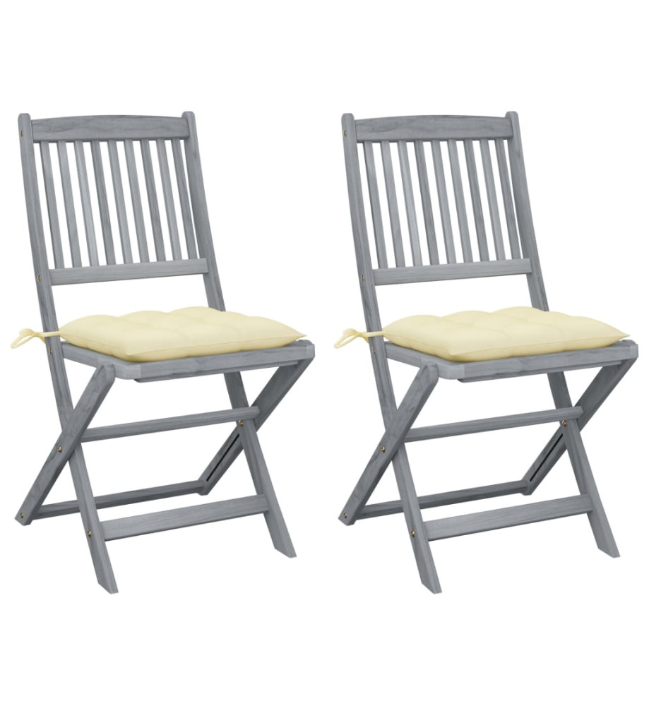 Chaises pliables d'extérieur 2 pcs avec coussins Bois d'acacia