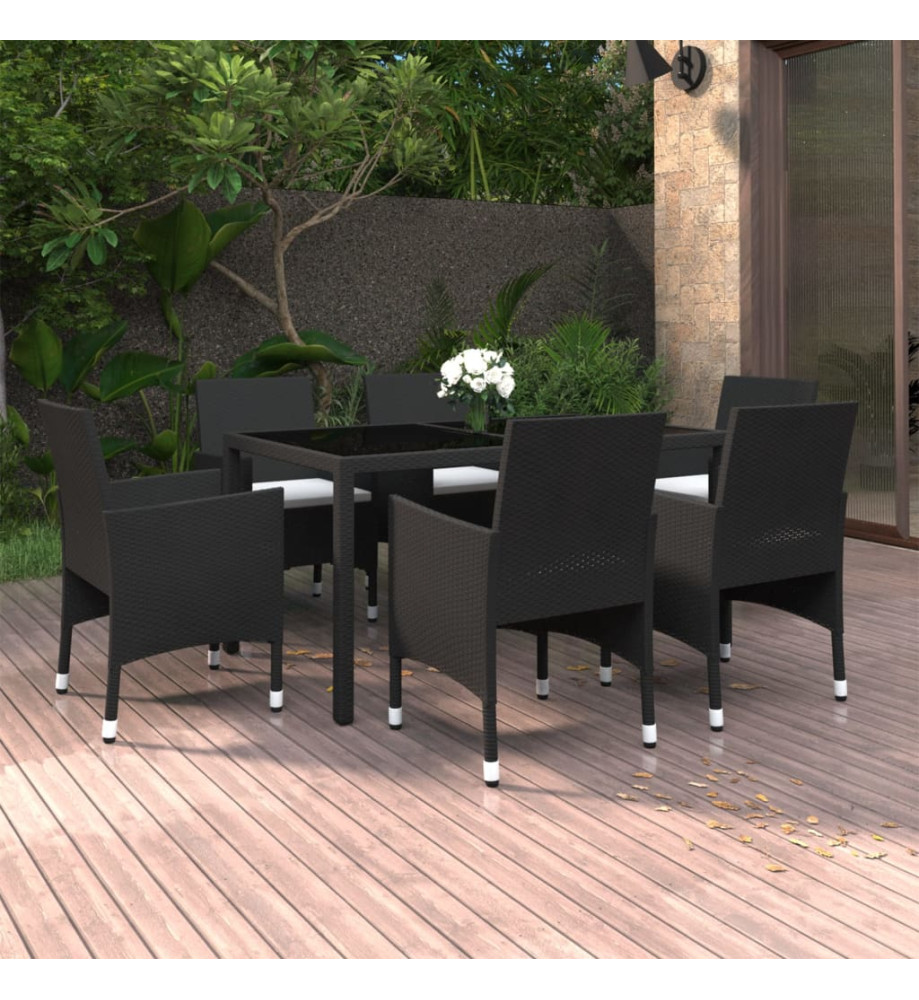 Mobilier à dîner jardin 7 pcs Résine tressée verre trempé Noir