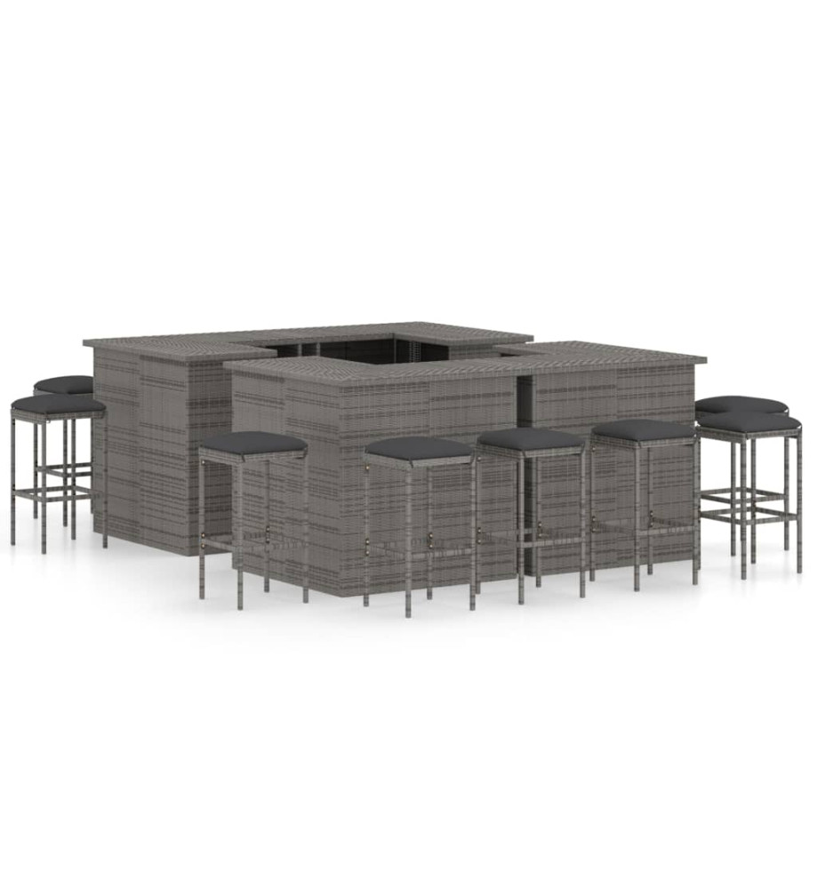 Meuble de bar de jardin 16 pcs et coussins Résine tressée Gris