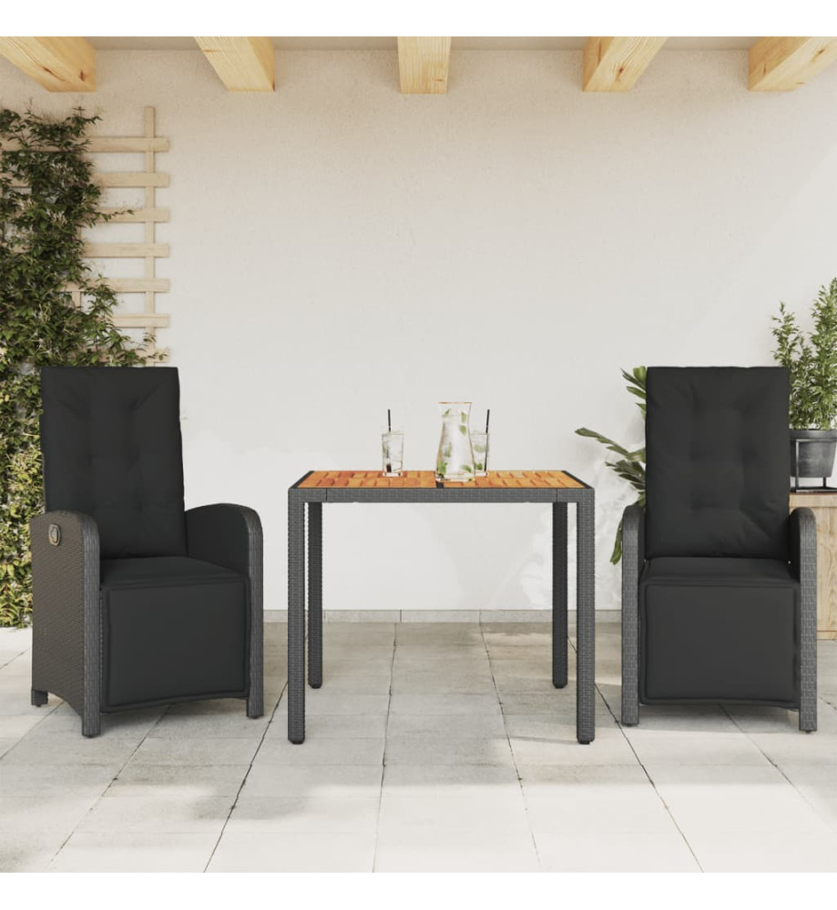 Ensemble de bistro 3 pcs avec coussins noir résine tressée Ensemble de bistro 3 pcs avec coussins noir résine tressée