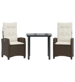 Ensemble à manger de jardin 3 pcs et coussins marron poly rotin