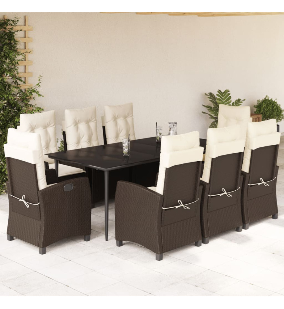 Ensemble à manger de jardin et coussins 9 pcs marron poly rotin Ensemble à manger de jardin et coussins 9 pcs marron poly rotin