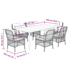 Ensemble à manger de jardin et coussins 7 pcs gris clair rotin
