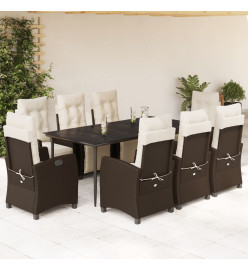 Ensemble à manger de jardin et coussins 9 pcs marron poly rotin