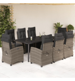 Ensemble à manger de jardin 9 pcs coussins gris résine tressée