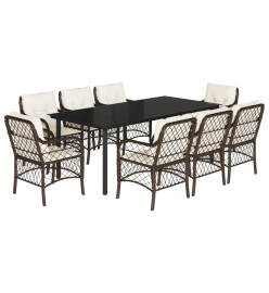 Ensemble à manger de jardin et coussins 9 pcs marron poly rotin
